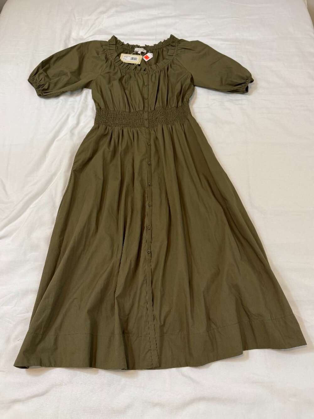 Ramy Brook Laura Dress L Olive Green Midi Puff Sleeve Smocked Waist NWT - Picture 4 of 8